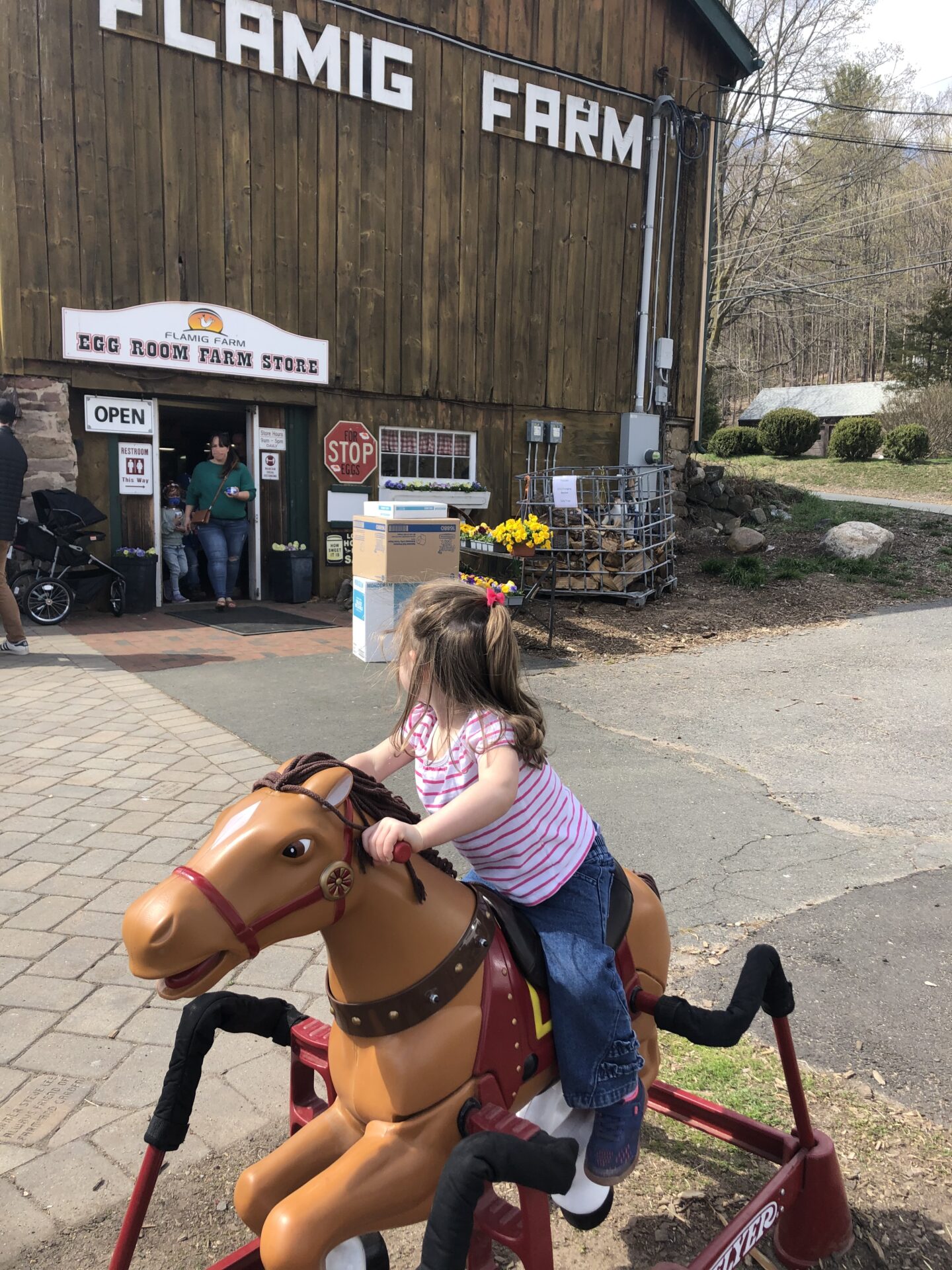 image of child riding toy horse at flamig farms in west simsbury, ct.
