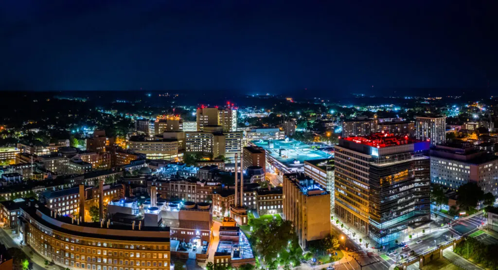 image of new haven connecticut at night.