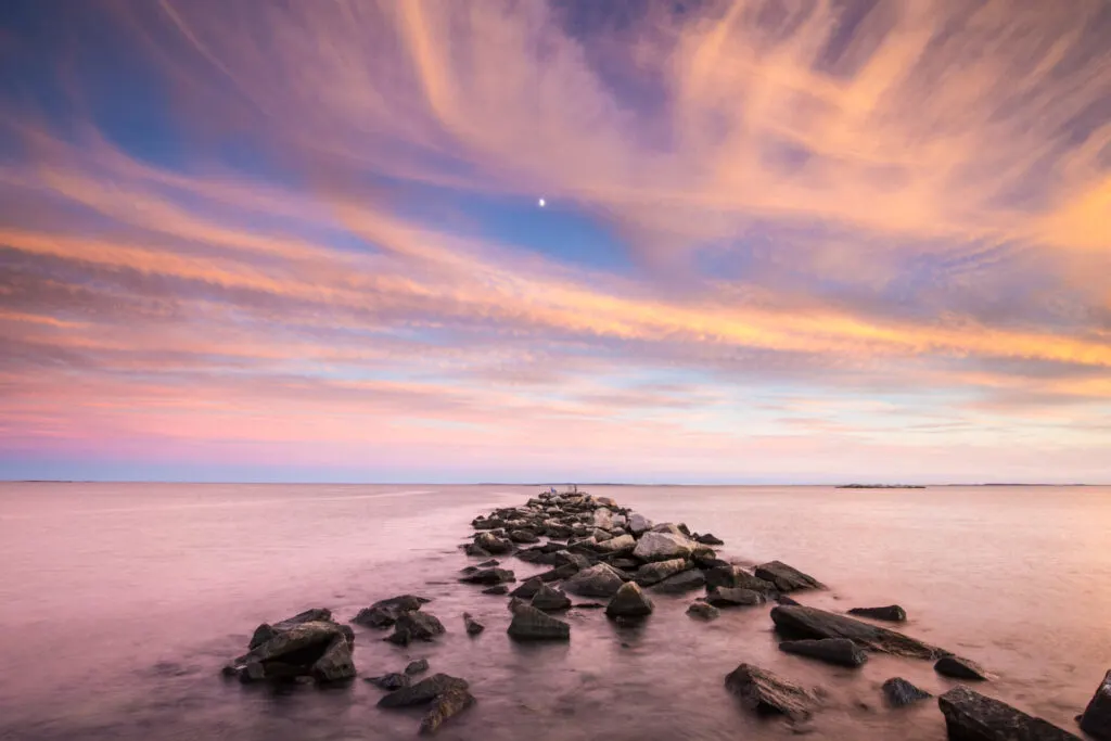 image of rocks at rocky neck state park, a place for beach camping in Connecticut.