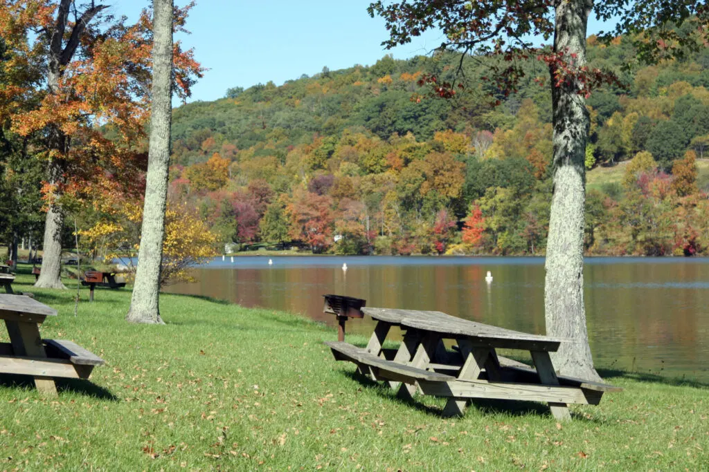 image of picnic area at lake waramaug state park.