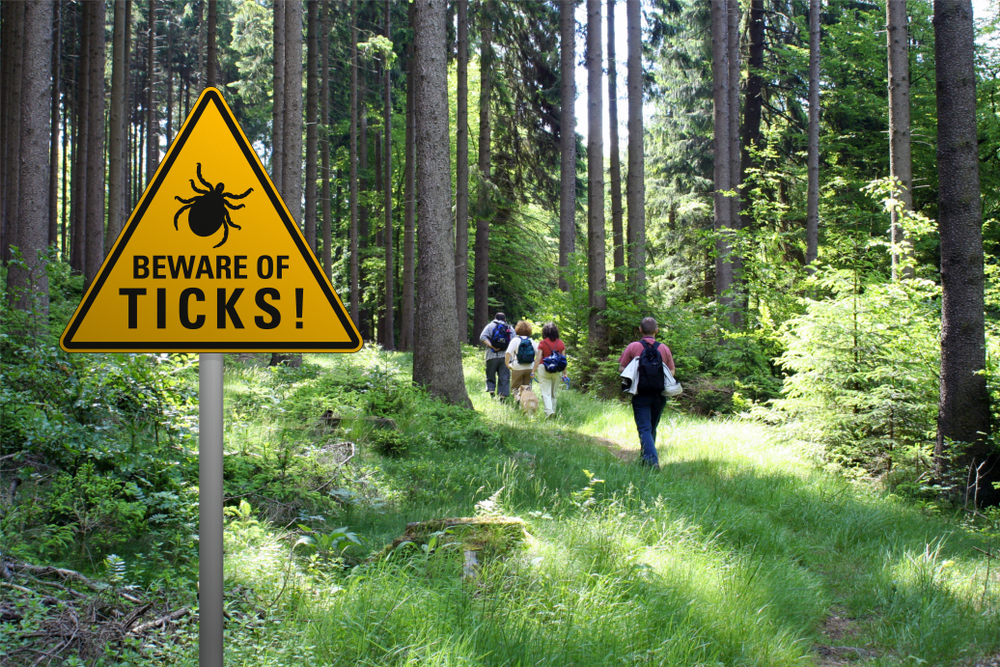 Image of beware of ticks sign with hikers in the background.