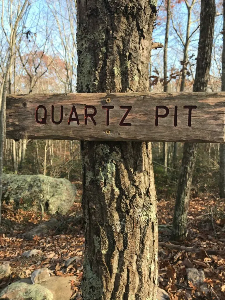 Image of quartz pit sign at Oswegatchie Hills Nature Preserve.