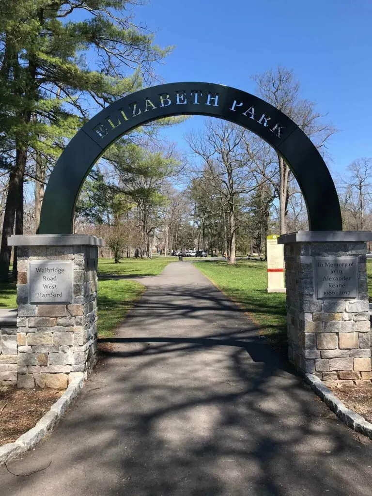 image of entrance sign to elizabeth park in west hartford, ct.