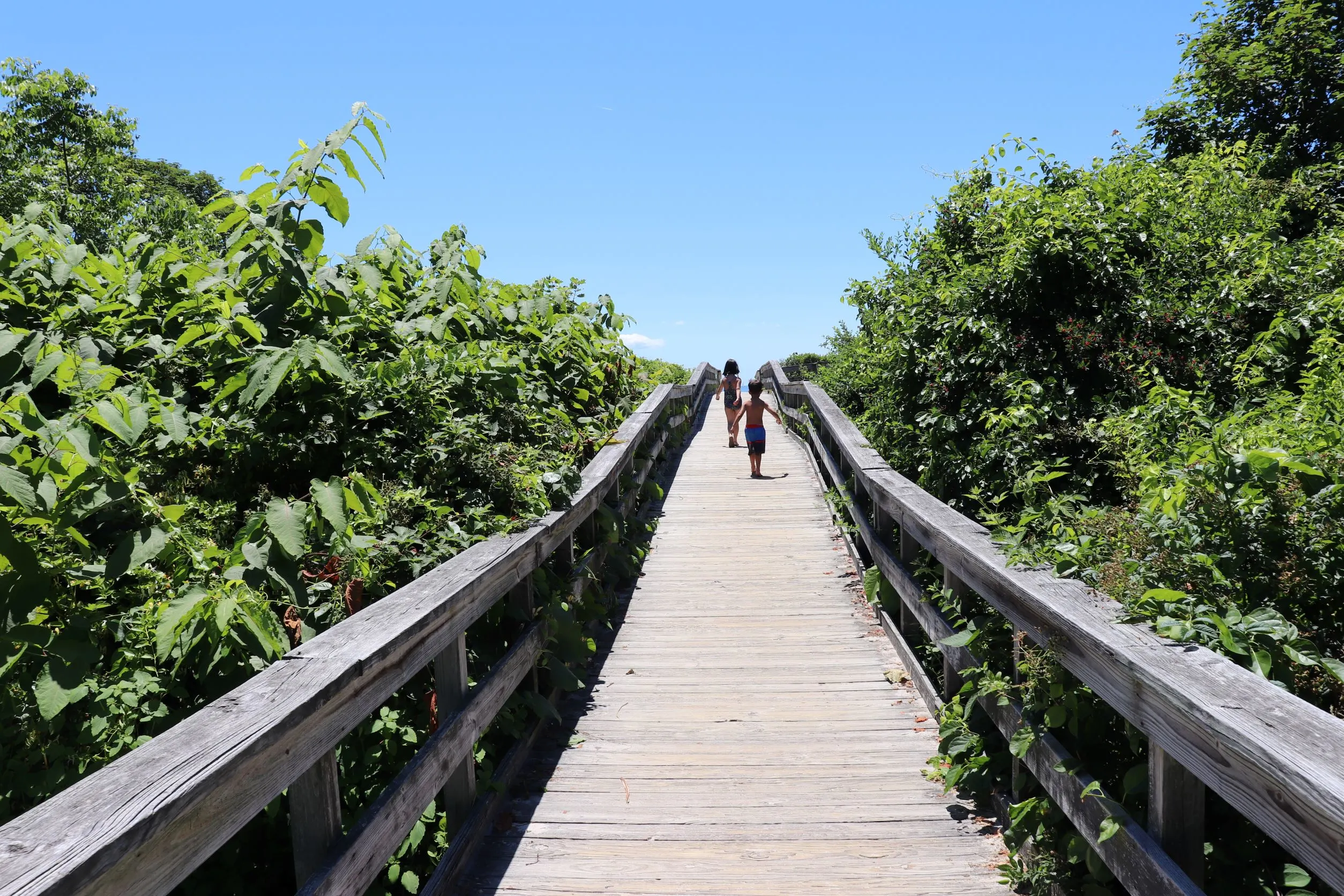 Image of 2 kids walking down boardwalk at Harkness Park in Waterford Connecticut.