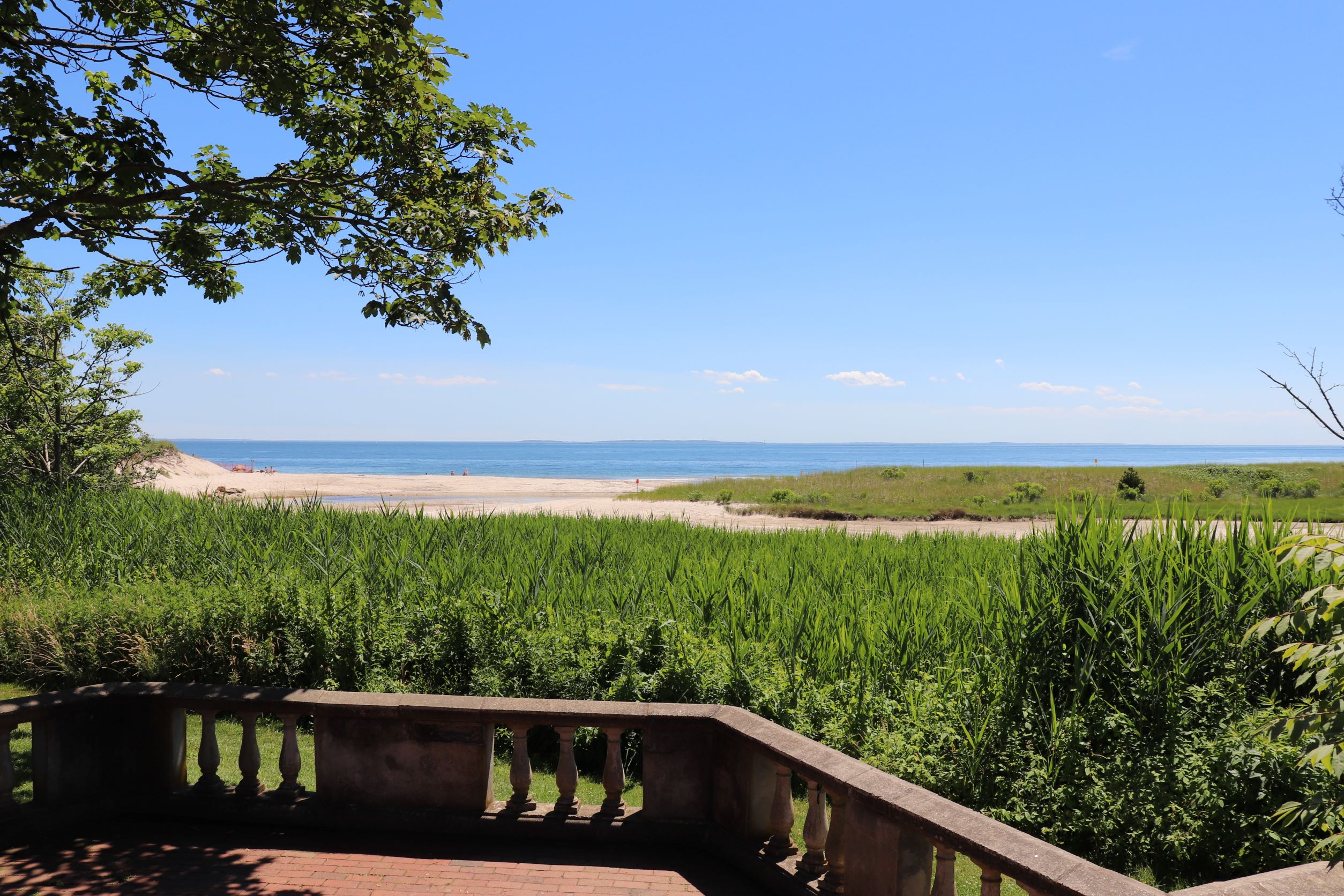 Image from pavilion of beach and dunes at Harkness Park in Waterford Ct.