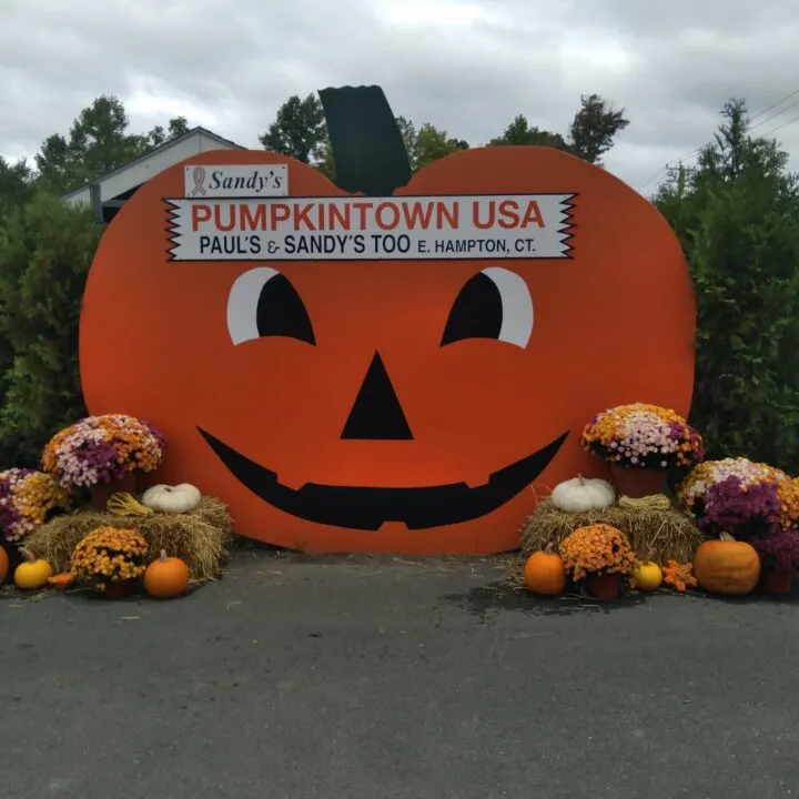 Image of large orage pumpkin prop that reads sandy's pumpkintown usa Paul and sandy's too e. hamton ct.