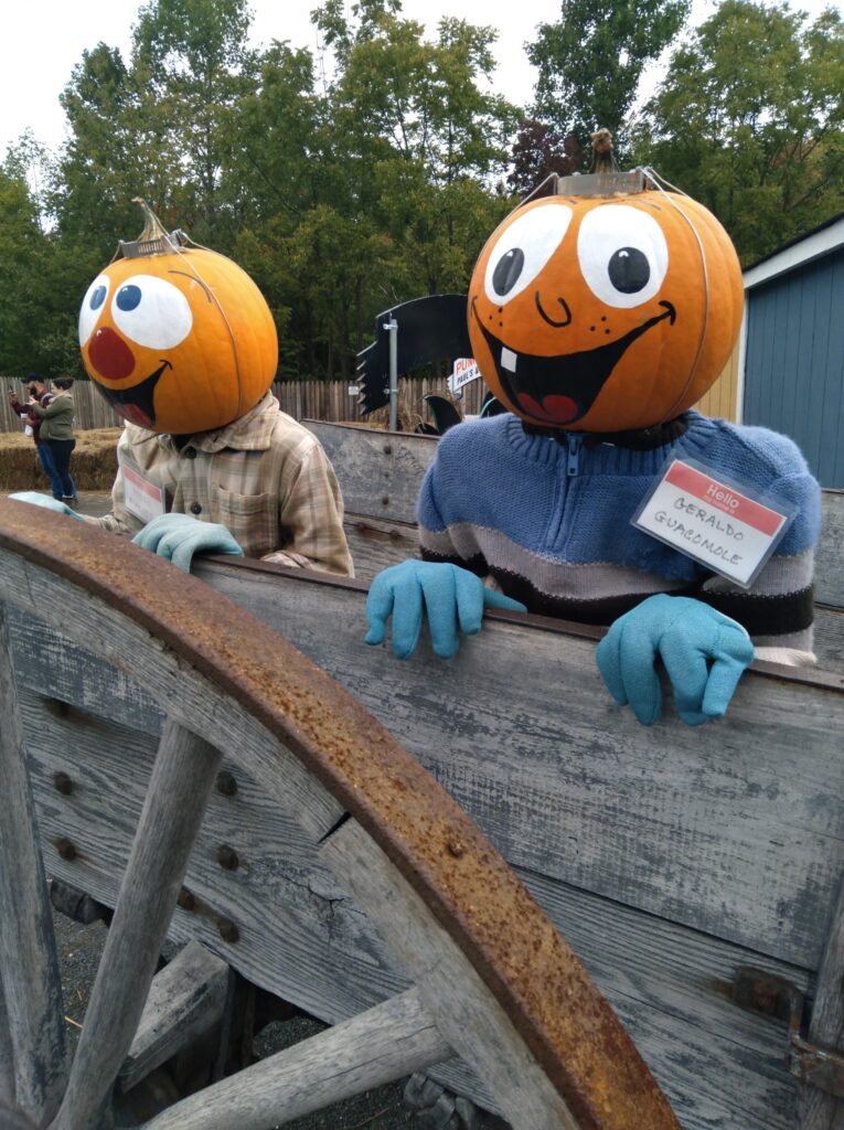 image of pumpkin characters with name tags at pumpkintown usa in east hampton ct.