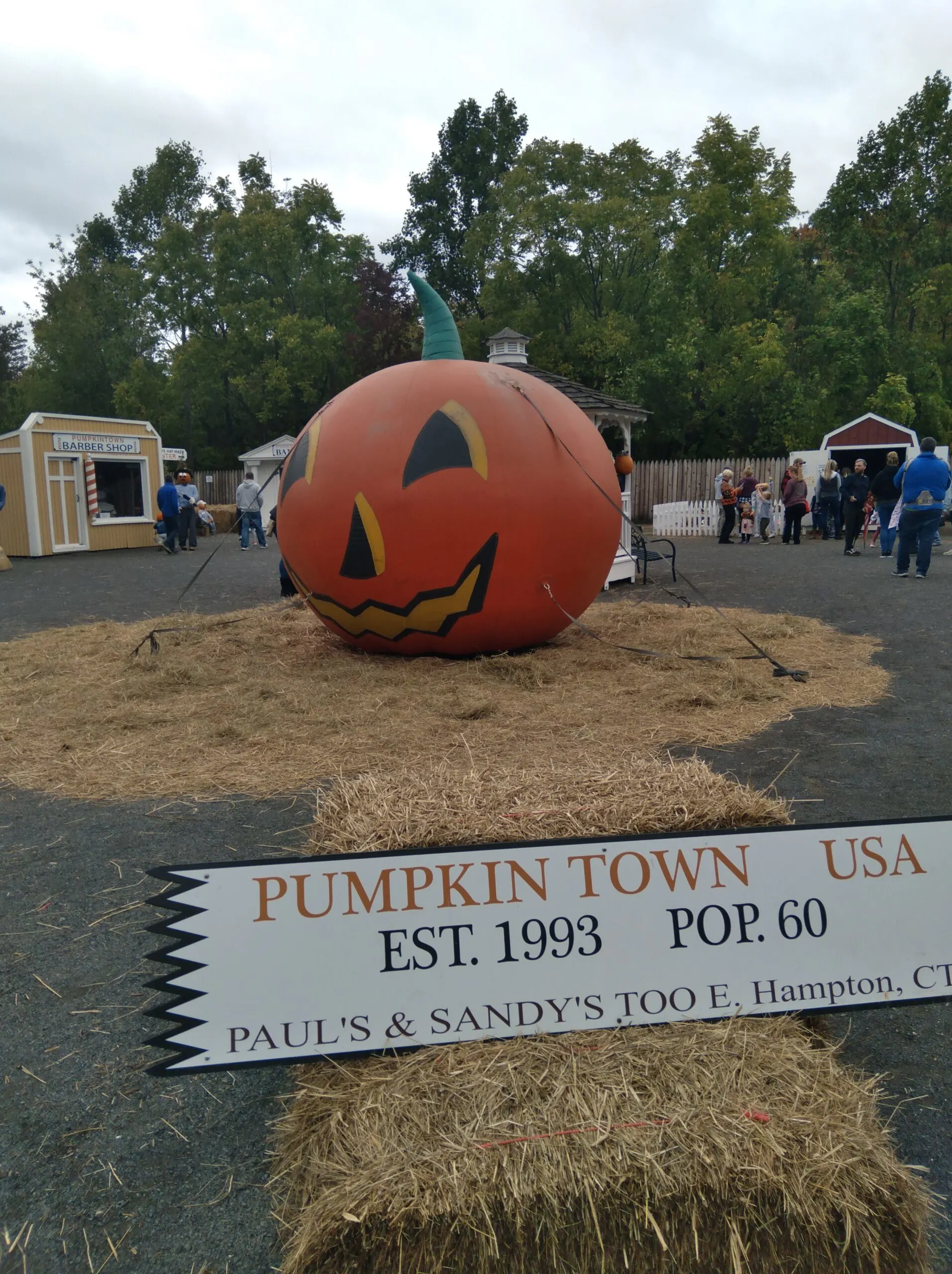 image of giant inflatable pumpkin at pumpkintown usa in east hampton ct.