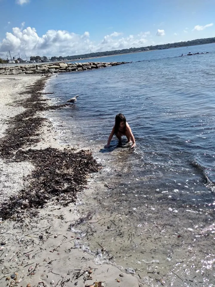 Image of child collecting shells at Hole in Wall Beach in Niantic, CT.
