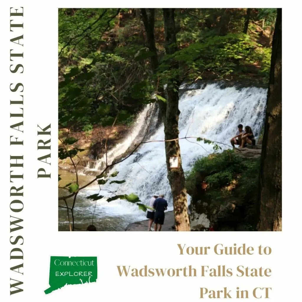 Image of people sitting on a rock near Wadsworth Falls waterfall at Wadsworth Falls State Park in Middletown, CT.