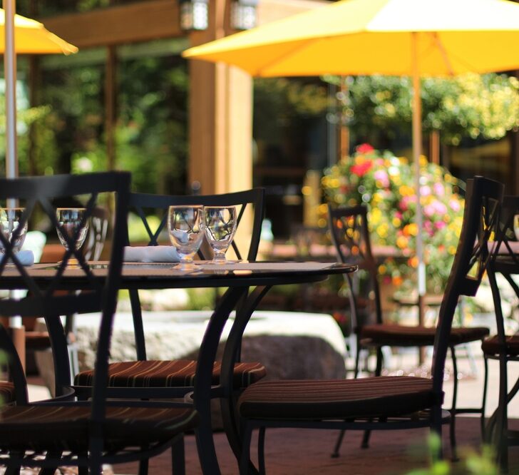 image of outdoor tables and umbrellas at a place for outdoor dining in CT.