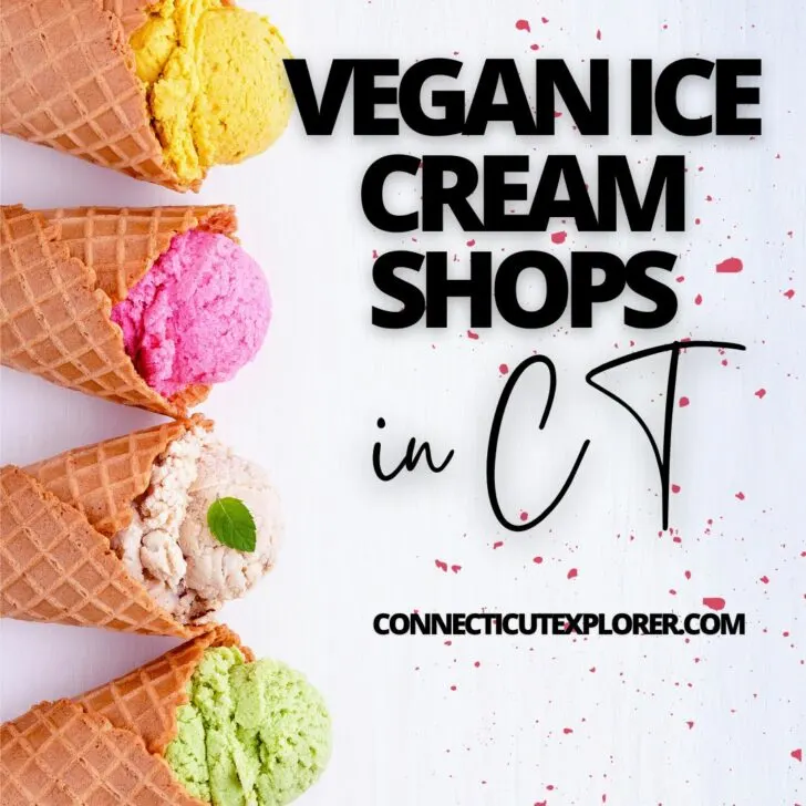 image of ice cream cones lined up vertically with text overlay that reads vegan ice cream shops in CT.